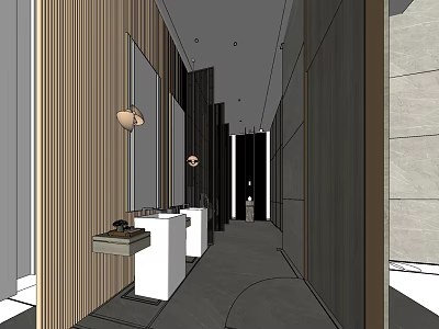 Modern Public Restroom Interior Design With Wooden Stone Walls Washbasins And Mirrors 3d model
