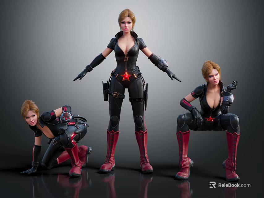 Female Characters In Different Poses With Black Outfits Red Star Red Boots And Black Gloves 3d model 