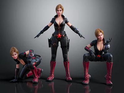 Female Characters In Different Poses With Black Outfits Red Star Red Boots And Black Gloves 3d model