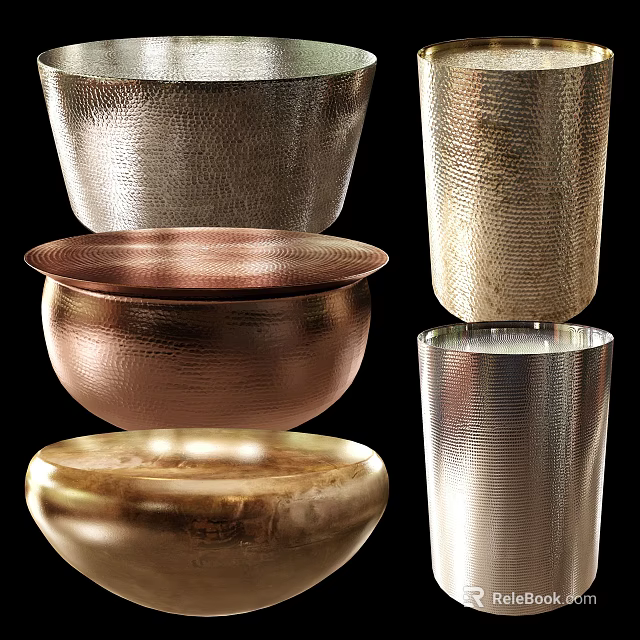 Modern Round Side Tables With Copper Metal And Marble Textured Decorative Surfaces 3d model 
