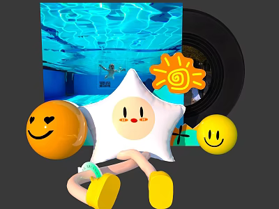 Star Shaped Decorative Pillow With Smiley Faces Yellow Balls And Vinyl Record Design 3d model