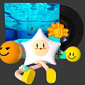 Star Shaped Decorative Pillow With Smiley Faces Yellow Balls And Vinyl Record Design