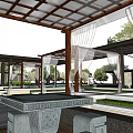 Modern Sales Center Building With Glass Curtain Walls Dark Lattice Panels Pink Tree And Pedestrians