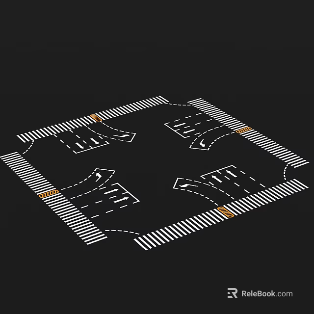 Road Infrastructure With Multiple Traffic Lanes Directional Arrows White Markings And Yellow Zones 3d model 
