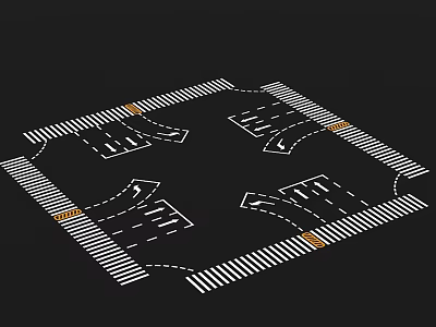 Road Infrastructure With Multiple Traffic Lanes Directional Arrows White Markings And Yellow Zones 3d model
