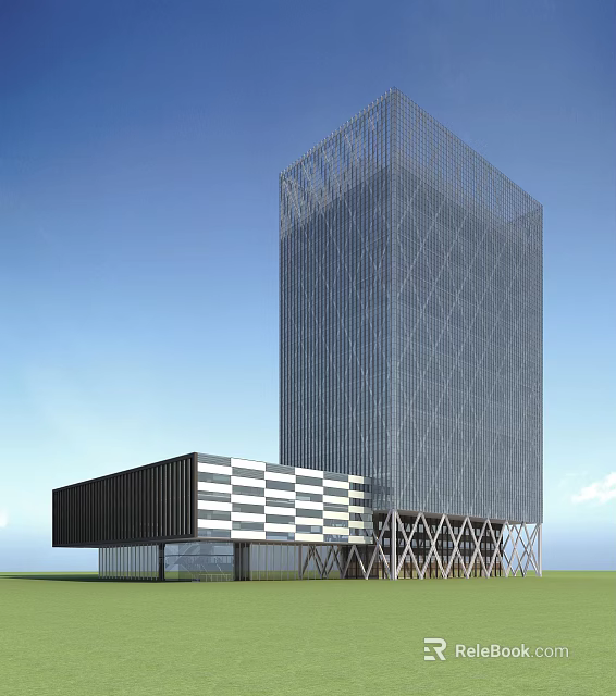 Modern Office Building With Glass Facade Diamond Pattern And Black White Striped Annex 3d model 