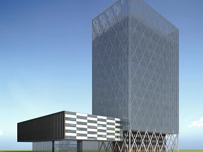 Modern Office Building With Glass Facade Diamond Pattern And Black White Striped Annex 3d model