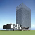 Modern Office Building With Glass Facade Diamond Pattern And Black White Striped Annex