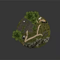 Cartoon Scene with Small House Pine Trees Wooden Water Tower Winding Path and Stream