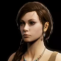 Woman in Brown Dress With Necklace Arm Bracers Waist Belt Small Pouch And Boots
