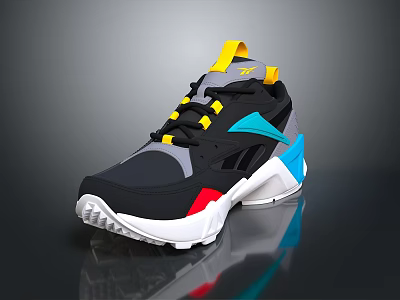 Stylish Modern Sports Shoes With Black Gray Yellow Blue Red Accents And White Sole 3d model