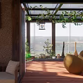 Home Balcony Interior With Large Windows Wooden Floor Rattan Furniture Green Plants And Hanging Chair