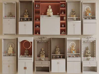 Elegant Buddhist Shrine Cabinet With Golden Buddha Statues And Storage Shelves 3d model