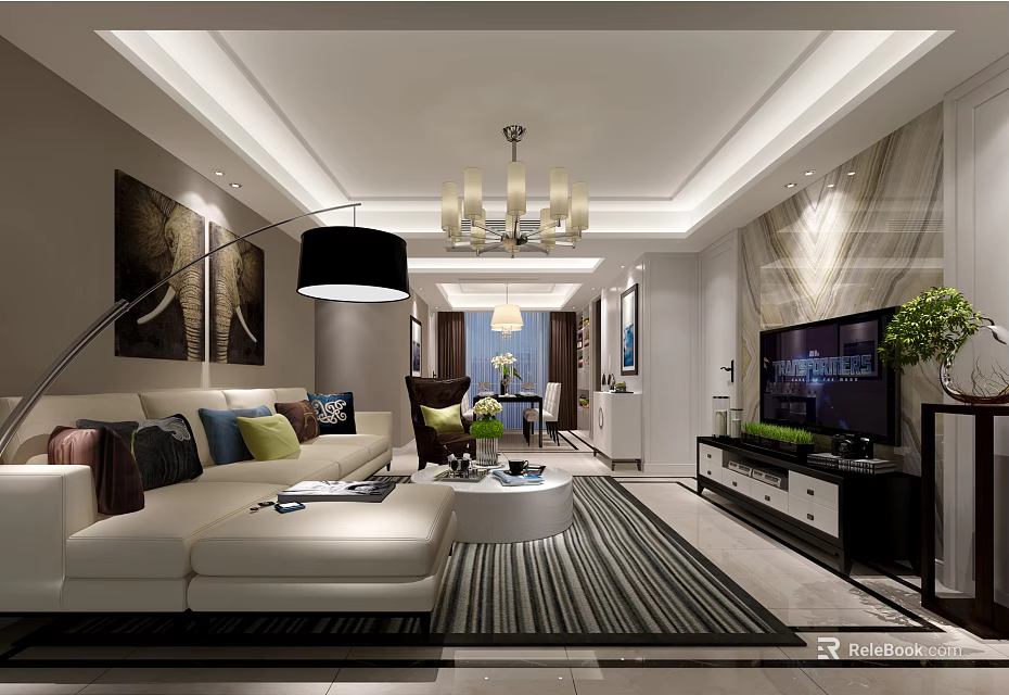 Modern Living Dining Room Interior With Sofa TV Chandelier Carpet And Decorative Paintings 3d model 