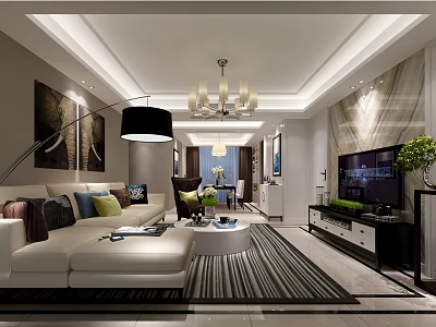 Modern Living Dining Room Interior With Sofa TV Chandelier Carpet And Decorative Paintings 3d model