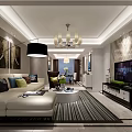 Modern Living Dining Room Interior With Sofa TV Chandelier Carpet And Decorative Paintings