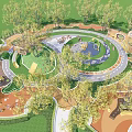 Scenic Park Landscape Featuring Circular Lawn With Yellow Sculpture Stone Pathways Trees And Stone Decorations