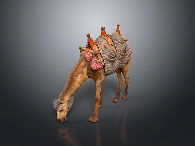 Decorative Camel Sculpture With Colorful Saddle Bowing Head On Gray Background 3d model