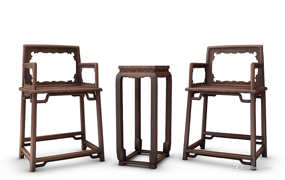 Chinese Style Solid Wood Armchairs With Matching Side Table Furniture Set 3d model 