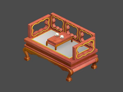 Traditional Chinese Style Luohan Bed With Carved Railings And Small Tea Table 3d model
