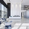 Modern Front Desk Reception Lobby With Large Windows Comfortable Sofas And Marble Flooring 3d model