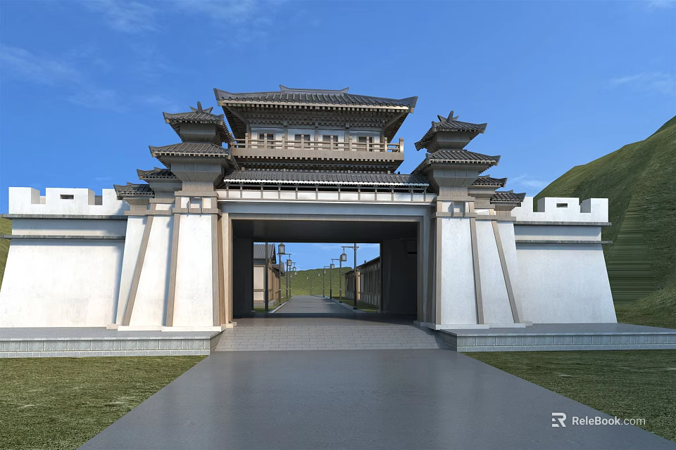 Ancient Architecture Gate With Tiered Eaves White Walls And Central Passageway Under Blue Sky 3d model 