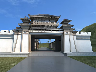 Ancient Architecture Gate With Tiered Eaves White Walls And Central Passageway Under Blue Sky 3d model