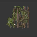 Modern Natural Wooden Posts Structure Featuring Climbing Vines And Green Leaves