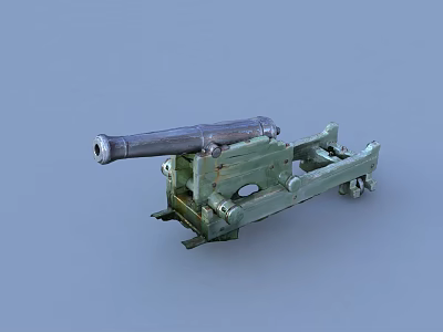 Vintage Weapon Cannon With Metal Barrel Green Carriage And Military Mechanical Design 3d model