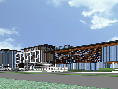 Modern Multi story Office Building With Glass Curtain Wall And Blue Sky Exterior 3d model