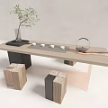 Modern Minimalist Tea Table and Chairs with Natural Wood Tea Set and Green Plant