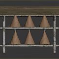 Rustic Wooden Storage Rack with Two-Tiered Shelves Slatted Top Holding Conical Objects