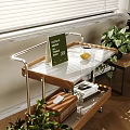 Modern Side Table with Transparent Top Wooden Shelf Metal Frame on Wheels Living Room