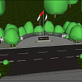 Scenic Green Outdoor Area With Trees Lawn Parking Cars Flags And Road