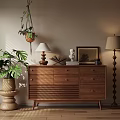 Modern Wooden Entryway Side Cabinet With Potted Plants Table Lamp And Framed Art
