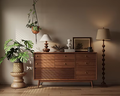 Modern Wooden Entryway Side Cabinet With Potted Plants Table Lamp And Framed Art 3d model