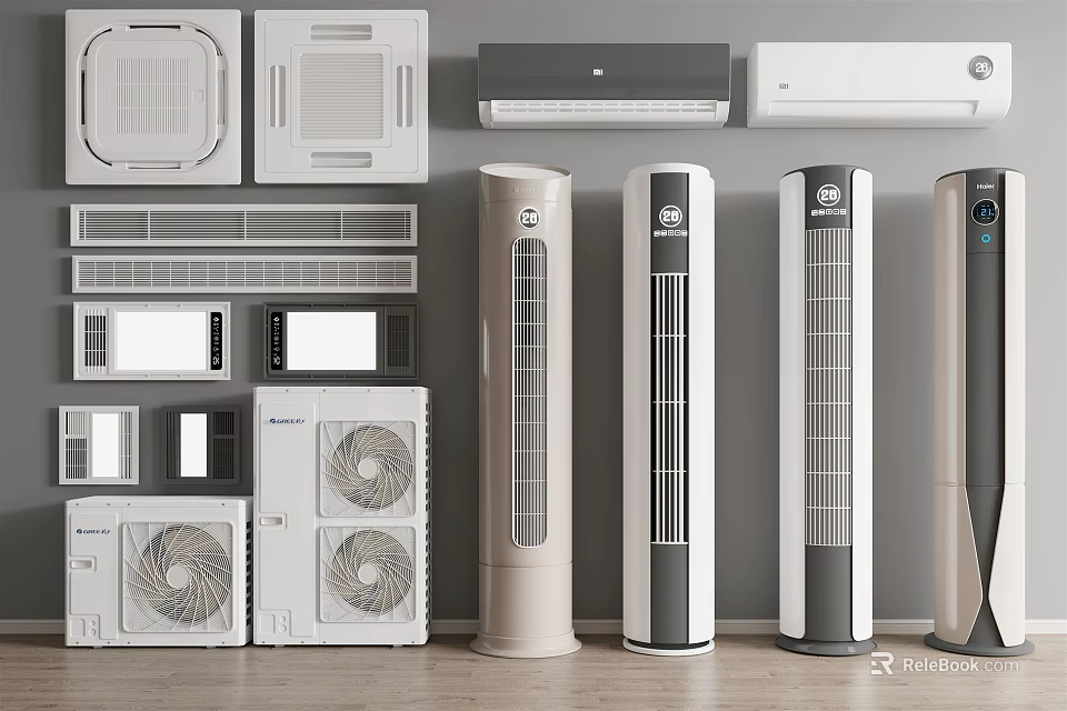 Different Types of Modern Air Conditioners and Fans with Wall Mounted Floor Standing Units 3d model 