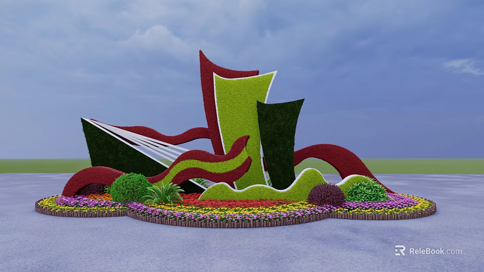 Decorative Flower Planter With Colorful Geometric Shapes And Vibrant Flowers 3d model 