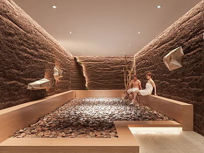 Modern SPA Sauna Room with Couple and Textured Stone Walls 3d model