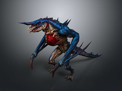 Fierce Reptilian Creature With Blue Body Red Chest Sharp Fangs Clawed Limbs And Spiked Back 3d model