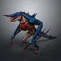 Fierce Reptilian Creature With Blue Body Red Chest Sharp Fangs Clawed Limbs And Spiked Back