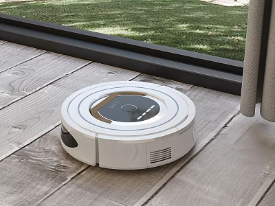 Robotic Vacuum Cleaner Cleaning Wooden Floor Near Window With Green Grass 3d model