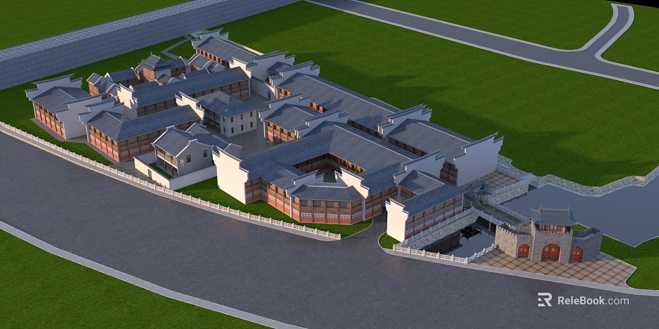 Ancient Architecture Complex With Traditional Gray Tiled Roofs And Courtyard Layout 3d model