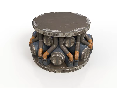 Industrial Style Round Stool with Distressed Gray Top and Blue Orange Metal Pipe Base 3d model
