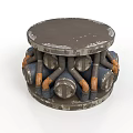 Industrial Style Round Stool with Distressed Gray Top and Blue Orange Metal Pipe Base