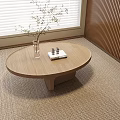 Round Wooden Coffee Table with Plant Vase Book on Carpet by Wooden Wall and Blinds