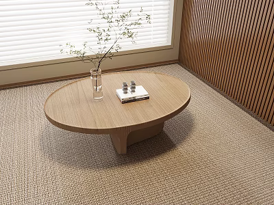 Round Wooden Coffee Table with Plant Vase Book on Carpet by Wooden Wall and Blinds 3d model