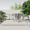 Outdoor Modern Courtyard Table and Chair Set With White Chairs Round Table and Greenery
