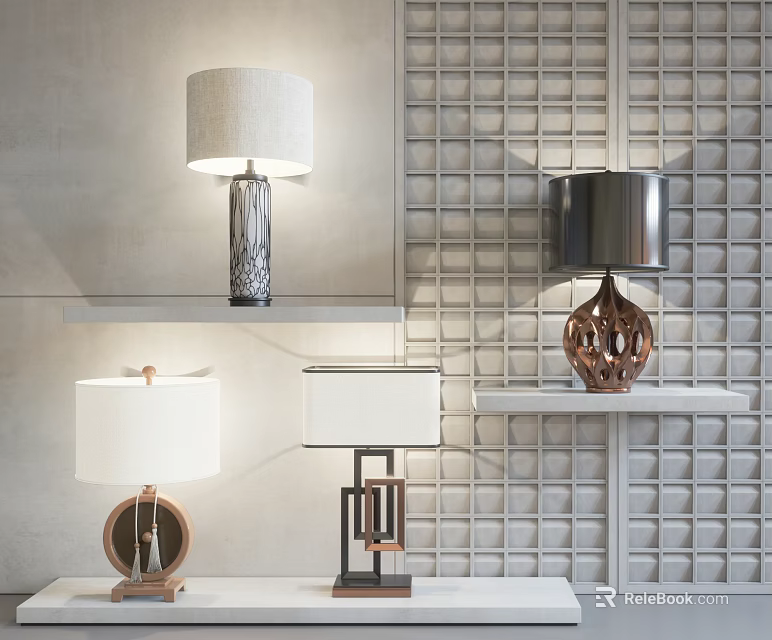 Different Style Table Lamps Featuring Wooden Metal Glass Bases On Shelves With Grid Wall Background 3d model 