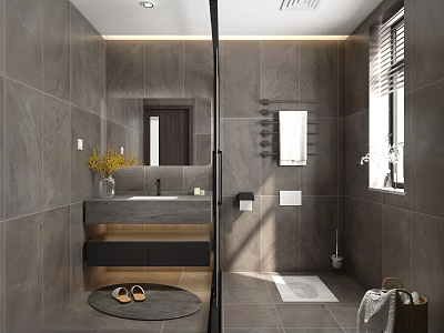 Modern Dark Grey Marble Bathroom With Dry Wet Separation And Practical Floating Vanity Design 3d model